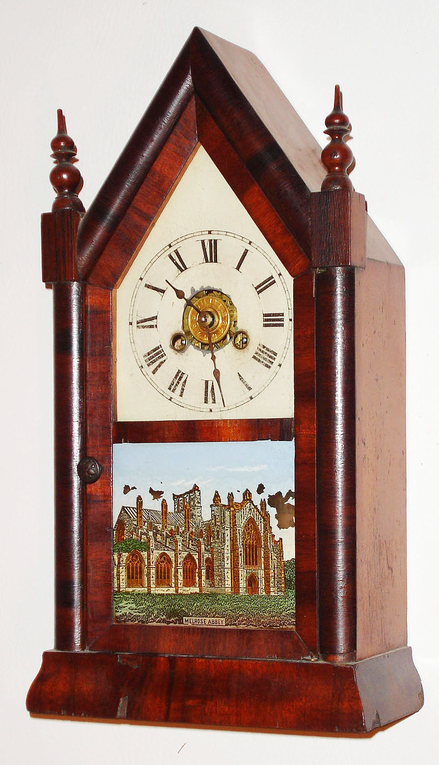 Jerome and Co., 30 hour, time/alarm miniature steeple or sharp gothic mantel clock, c1875 — Antique Clocks Price Guide