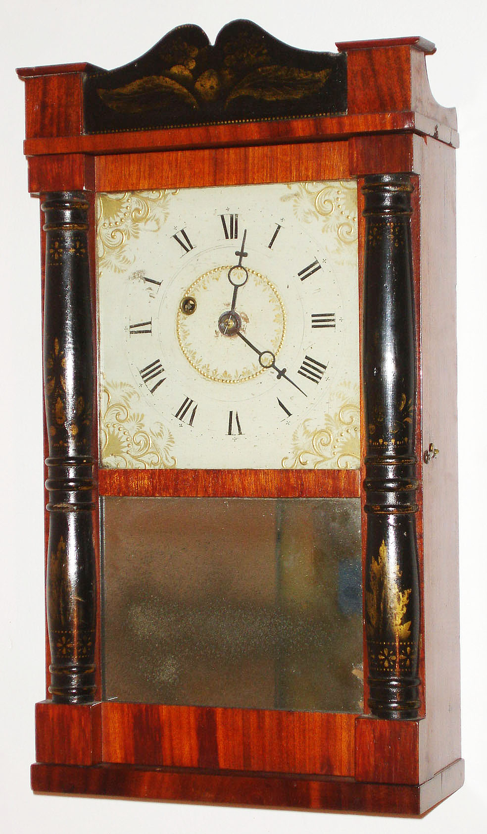 Spencer, Hotchkiss and Co., Salem Bridge, Conn., 8 day, brass weight driven half column and splat timepiece, c1835.  This is a very rare timepiece made by this firm.  A similar example can be found in supplement No. 13 titled: "Herman Clark and the "Salem Bridge" Shelf Clocks." by Chris Bailey page 50. — Antique Clocks Price Guide