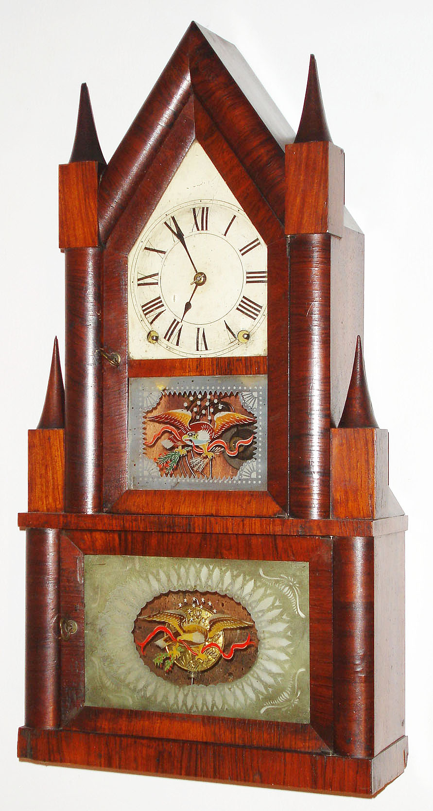 Terry and Andrews, Bristol, Conn., 8 day, time and strike double steeple or steeple on frame shelf clock, c1845 — Antique Clocks Price Guide
