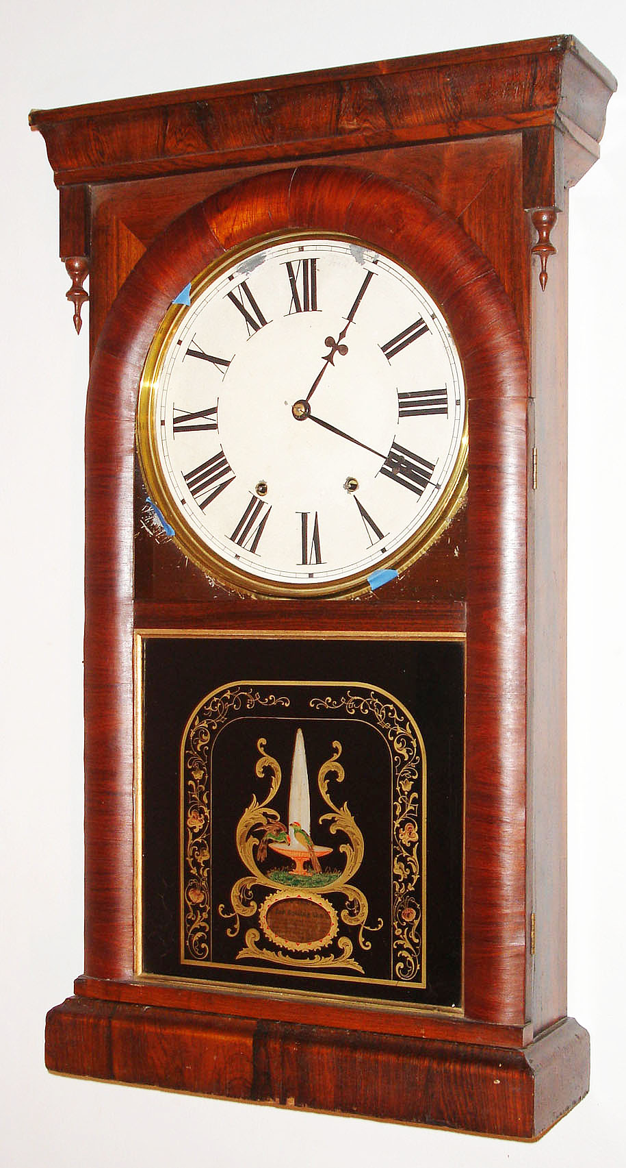 Ansonia Clock Co., Ansonia, Conn., 8 day, time and strike empire style shelf clock.  You usually find this model made by the Ansonia Brass and Copper with a Terry's Patent calendar.  This example was made after the clock business was spun off in 1877, c1880. — Antique Clocks Price Guide