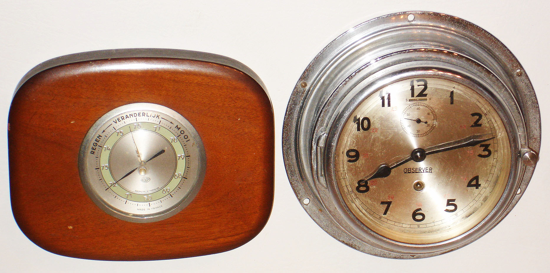Observer, 8 day, time only, marine clock in nickel plate case, accompanied by Elkro French mahogany barometer, 20th century — Antique Clocks Price Guide
