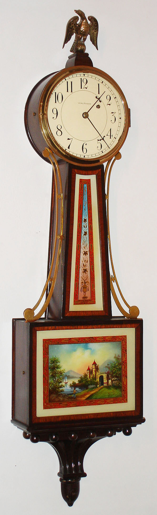 Waltham Watch Co., Waltham, Mass., 8 day weight driven cross banded mahogany banjo timepiece, c1930 — Antique Clocks Price Guide