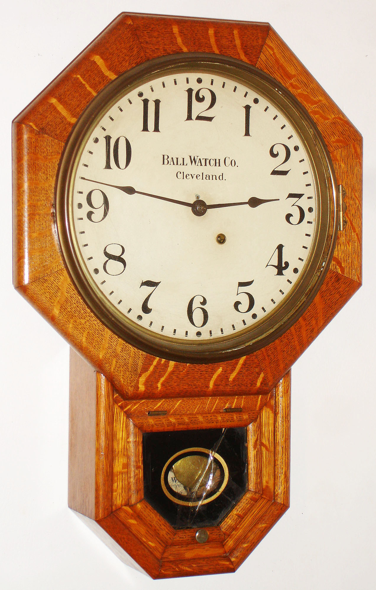 Ball Watch Co., Cleveland, Ohio, oak 8 day short drop school clock with Seth Thomas 41AF time only movement, c1900 — Antique Clocks Price Guide