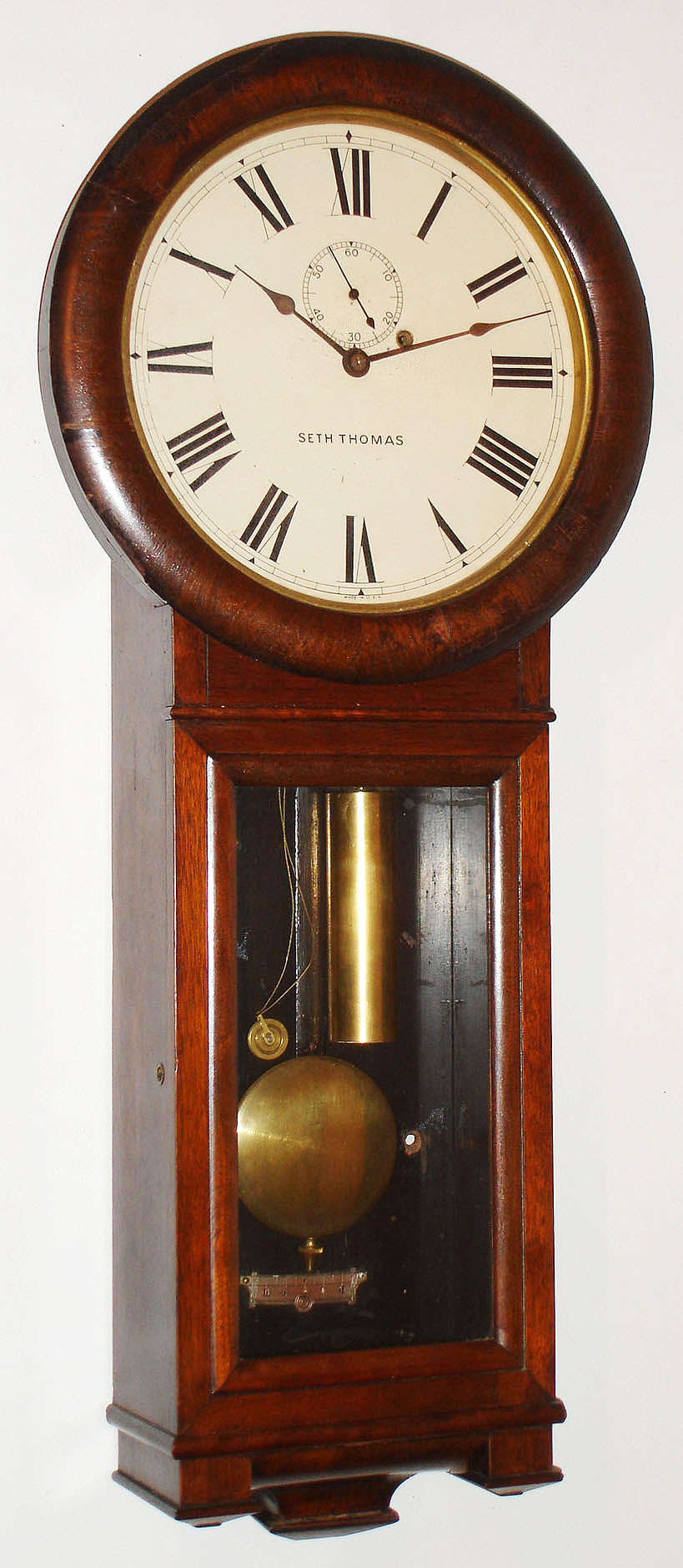 Seth Thomas Clock Co., Thomaston, Conn., "Regulator No. 2" mahogany, 8 day, time only, weight driven wall clock, c1900 — Antique Clocks Price Guide