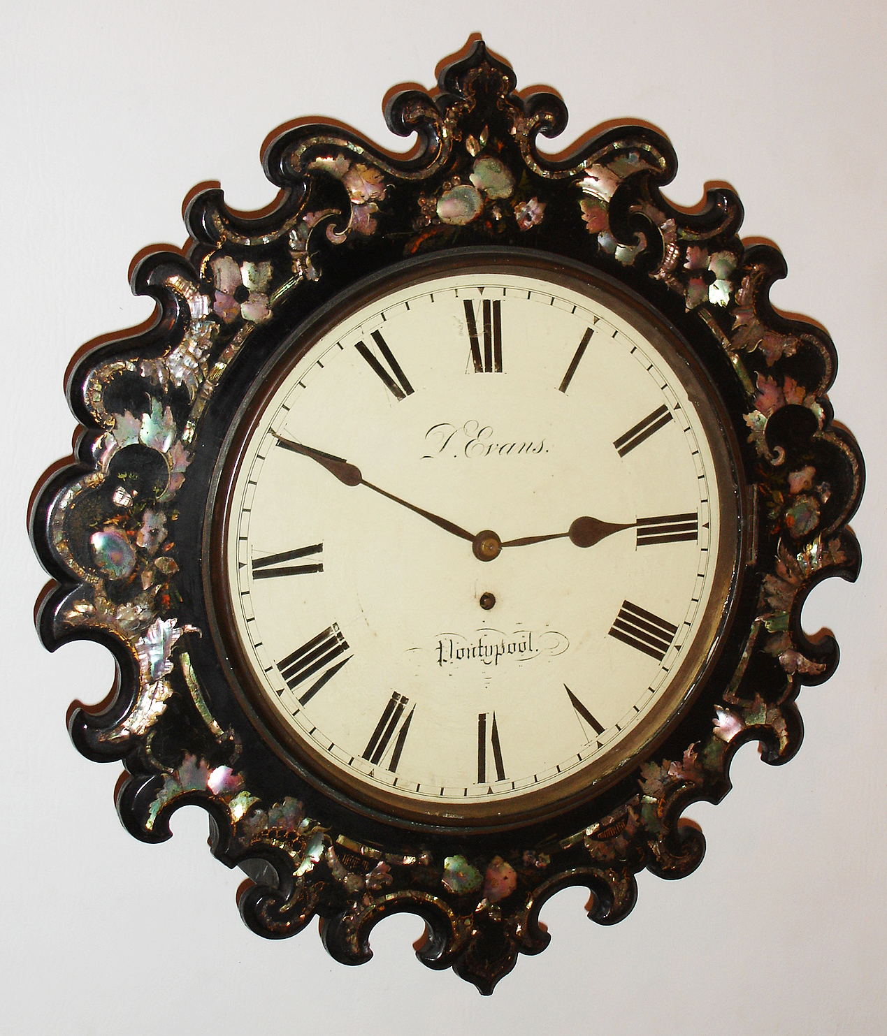 D. Evans, Pontypool, England, paper mache, mother-of-pearl, and wood, 8 day, time only, fusee wall clock, c1860 — Antique Clocks Price Guide