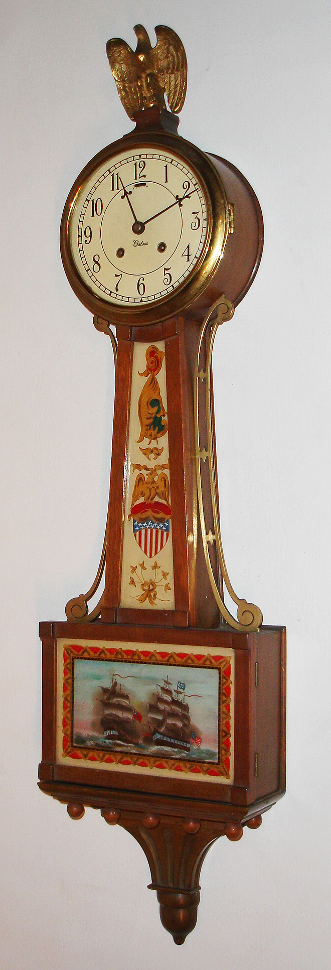 Chelsea Clock Co., Boston, Mass., mahogany 8 day time and house strike 3/4 banjo, c1948 — Antique Clocks Price Guide