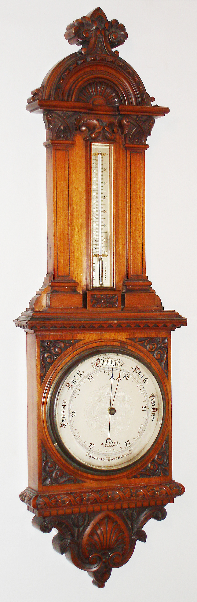 J. Lizars, Glasgow, walnut aneroid barometer and thermometer, c1910 — Antique Clocks Price Guide