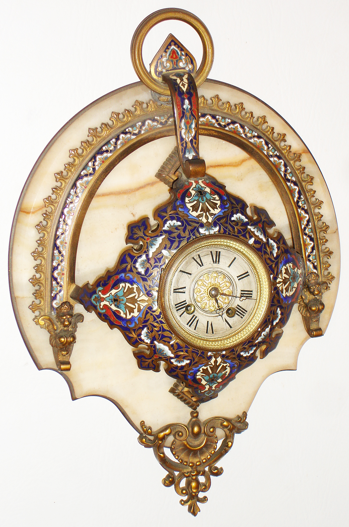French enameled brass and onyx, 8 day, time and strike, wall clock, c1875 — Antique Clocks Price Guide