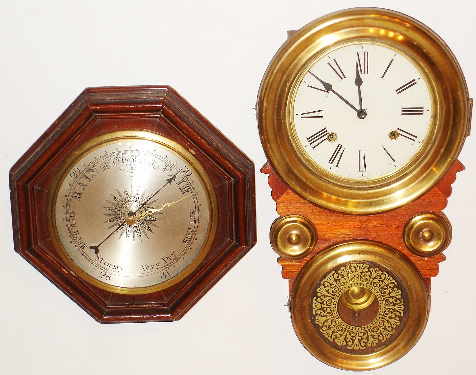 Korean, 8 day, time and strike, wood and brass wall clock; and Bollenbach, Chicago, hanging wood aneroid barometer; later 20th century — Antique Clocks Price Guide