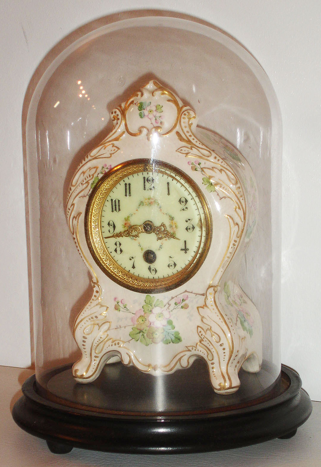 French, 8 day, time only, porcelain mantel clock, with glass dome and wood base, c1890 — Antique Clocks Price Guide