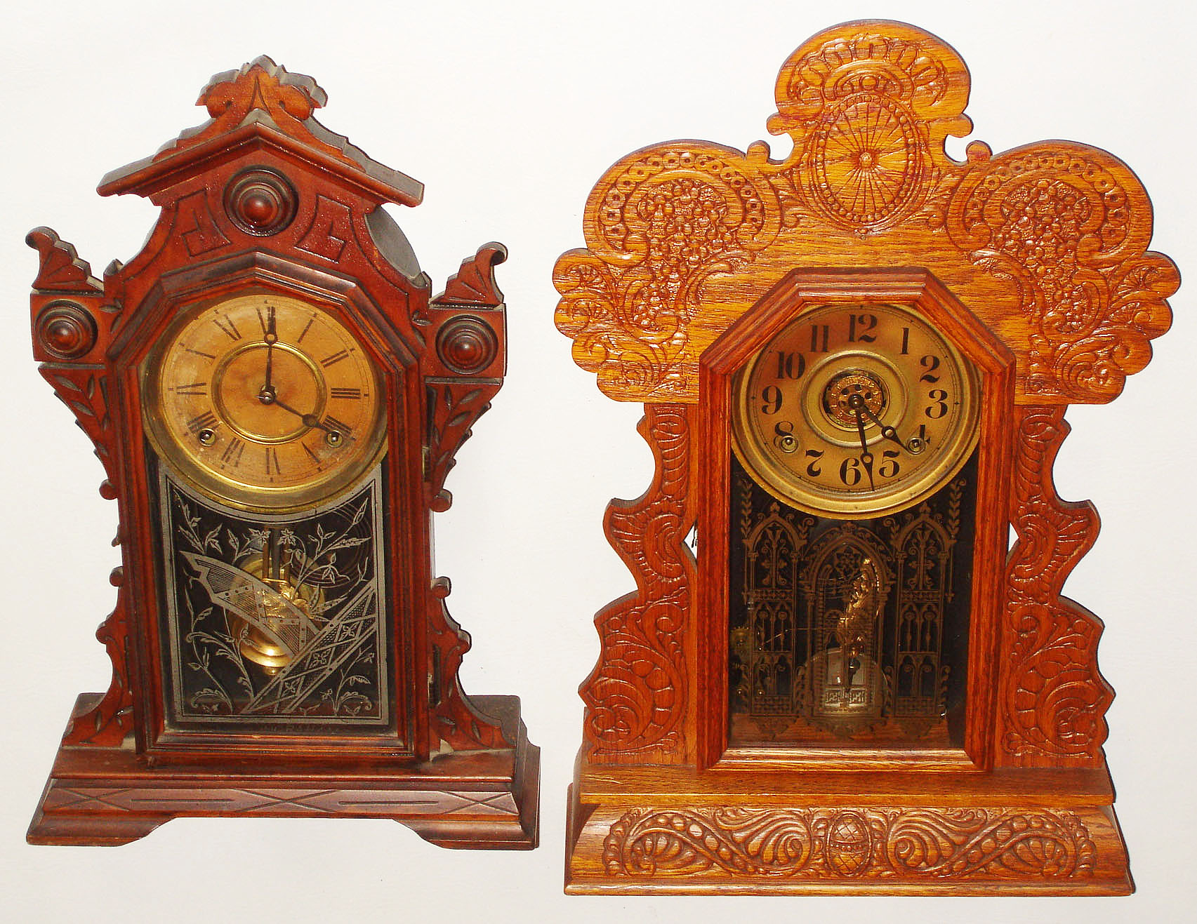 Clocks- 2 (Two) E. Ingraham, Bristol, Conn., 8 day, time and strike, shelf clocks: walnut parlor clock; "Gila" oak kitchen clock with alarm; late 19th century — Antique Clocks Price Guide