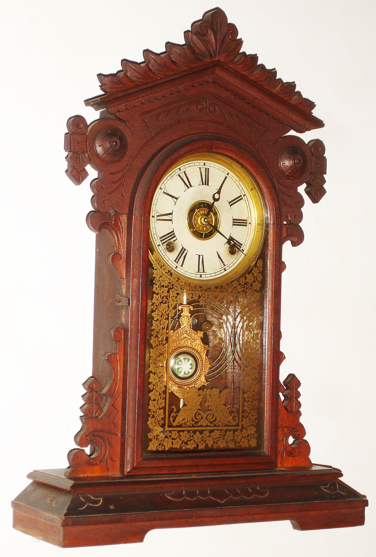 E.N. Welch, for Colby Wringer Co., walnut, 8 day, time and strike, parlor clock with alarm, c1880 — Antique Clocks Price Guide