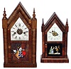 Clocks- 2 (Two) Waterbury Clock Co., Waterbury, Conn., 30 hour mahogany steeple clocks: one time, strike and alarm; one miniature time and alarm, late 19th century