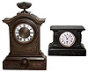 Clocks- 2 (Two) 8 day mantel clocks: French black marble timepiece; Seth Thomas time and strike cast metal;  c. 1870.