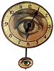 Clocks- 2 (Two)- "Optical Advertising" reproduction wall clock, 8 day, time only, spring driven movement with dial painted in the manner of a human eye with matching pendulum bob, c1980 and a New Haven 3/4 chiming banjo wall clock, 8 day spring driven with eagle finial
