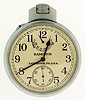 Hamilton Watch Co., Lancaster, Penn., "Model 22" chronometer, wind indicator, 35 size, 21 jewels, stem wind, pendant set, adjusted to 6 positions and temperature, straight line damascened nickel plate movement, lever escapement, monometallic balance, micrometric regulator in a base metal, screw back and bezel, open face case, with Arabic numeral metal dial, black steel hands, serial #2F23937, c1942, together with its inner and outer mahogany boxes with padded interiors, front of the outer box with Hamilton Watch Co. nameplate