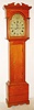 James Wilson, Hawick, Scotland, tall clock, 8 day, time and bell strike, weight driven movement in an oak case with rope turned columns and applied bracket base and painted iron dial, c1800 movement and dial