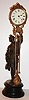 Ansonia Clock Co., Brooklyn, N.Y., "Fisherman" swinger mystery clock, eight day time only movement contained in a nickel plated cylindrical case with thick beveled glass, paper Roman numeral dial, blued steel hands, clock case with ornamental band which attaches it to the pendulum, cast pendulum with Centurion in profile, the spelter fisherman in a silver gray finish, on a molded, black enameled cast iron base, c1885