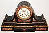 France, large Belgian slate drumhead style mantel clock with multi colored marble moldings and panels, white enamel Roman numeral dial with blued steel Breguet style hands, eight day time and strike pendule a Paris movement with Brocot open escapement, c1880