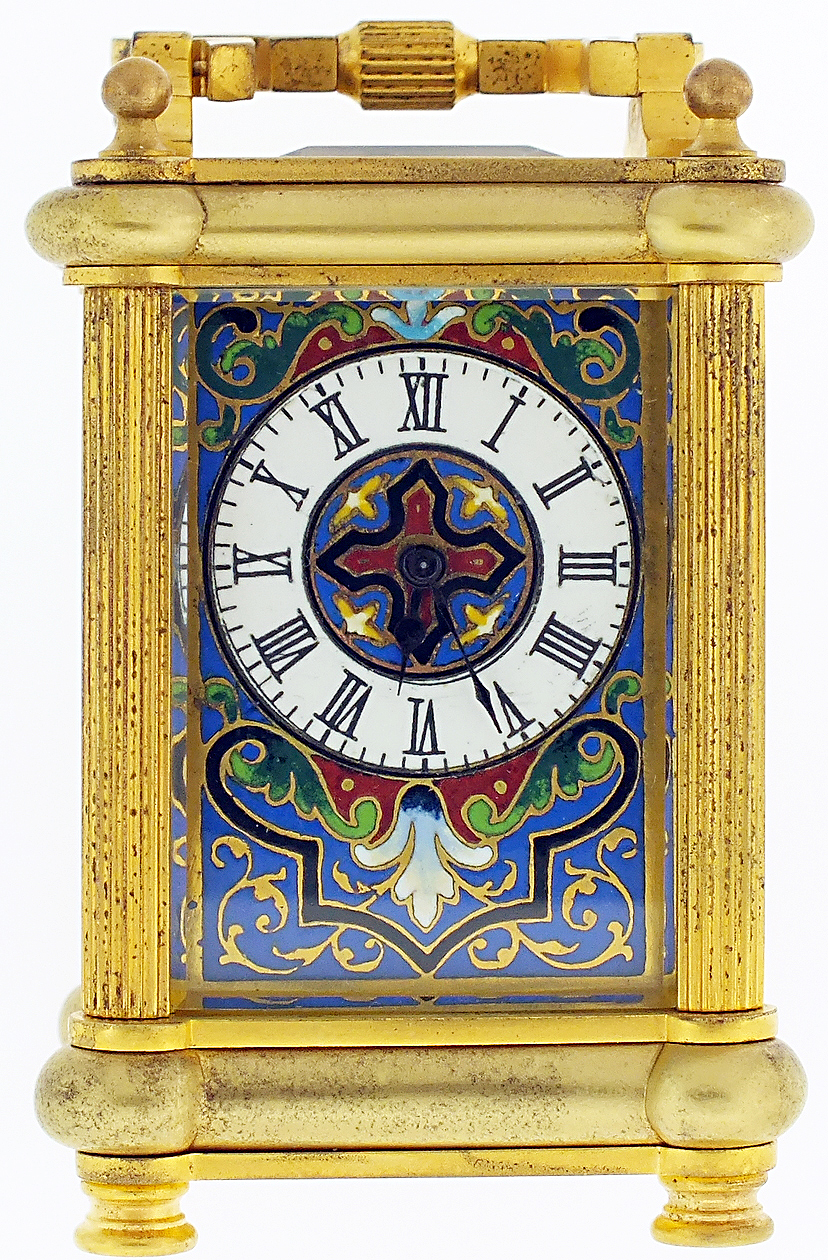 French miniature carriage clock for Payne &amp; Co. 163 New Bond St., London, 8 day, time only, spring driven movement with lever platform escapement in a gilt case with reeded columns and turned feet and inset with two cloissone enamel panels and a cloissone enamel mask surrounding Roman numeral white enamel dial, serial #7447, c1885 — Antique Clocks Price Guide