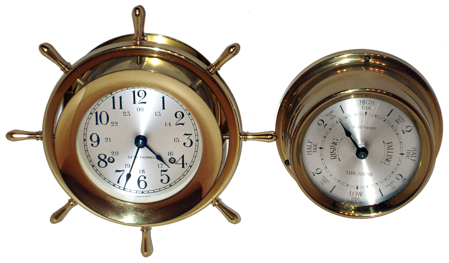 Seth Thomas/General Time brass "Helmsman" 8 days, ship's strike marine clock, and "Tide Guard" battery-powered tide indicator, late 20th century — Antique Clocks Price Guide