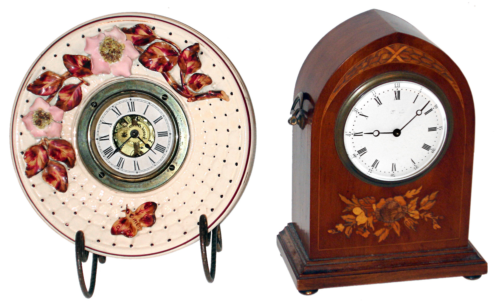 Clocks- 2 (Two) small mantel timepieces: New Haven "No.1066C" porcelain Faience Ware 30 hours, novelty clock with metal stand; and French for the English market, inlaid wood 8 days, desk clock; c1890 — Antique Clocks Price Guide