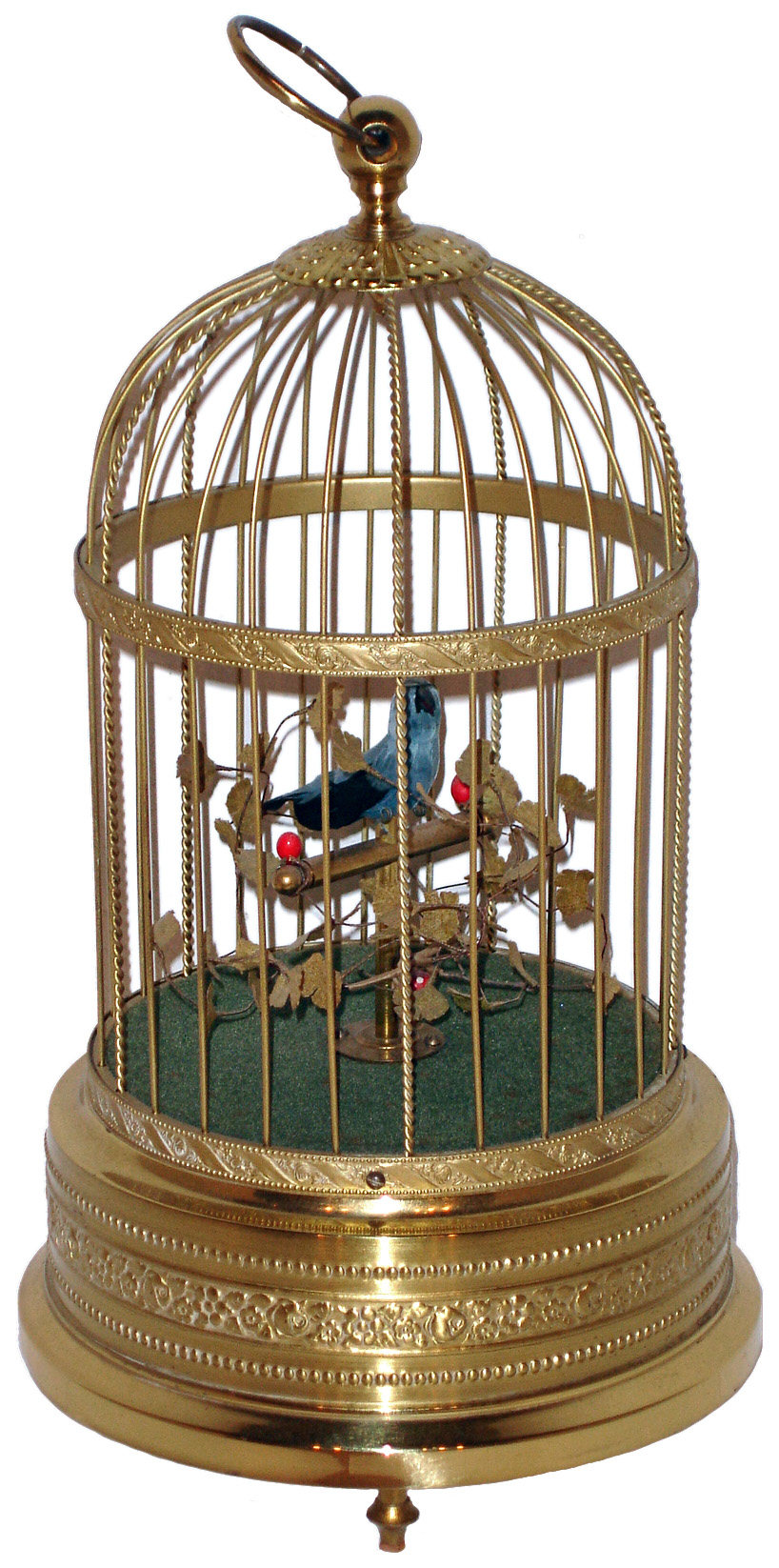 Singing Animated Bird in Brass Cage, Germany, "K-G" and "KEN.D" bottom trademarks, c1955 — Antique Clocks Price Guide