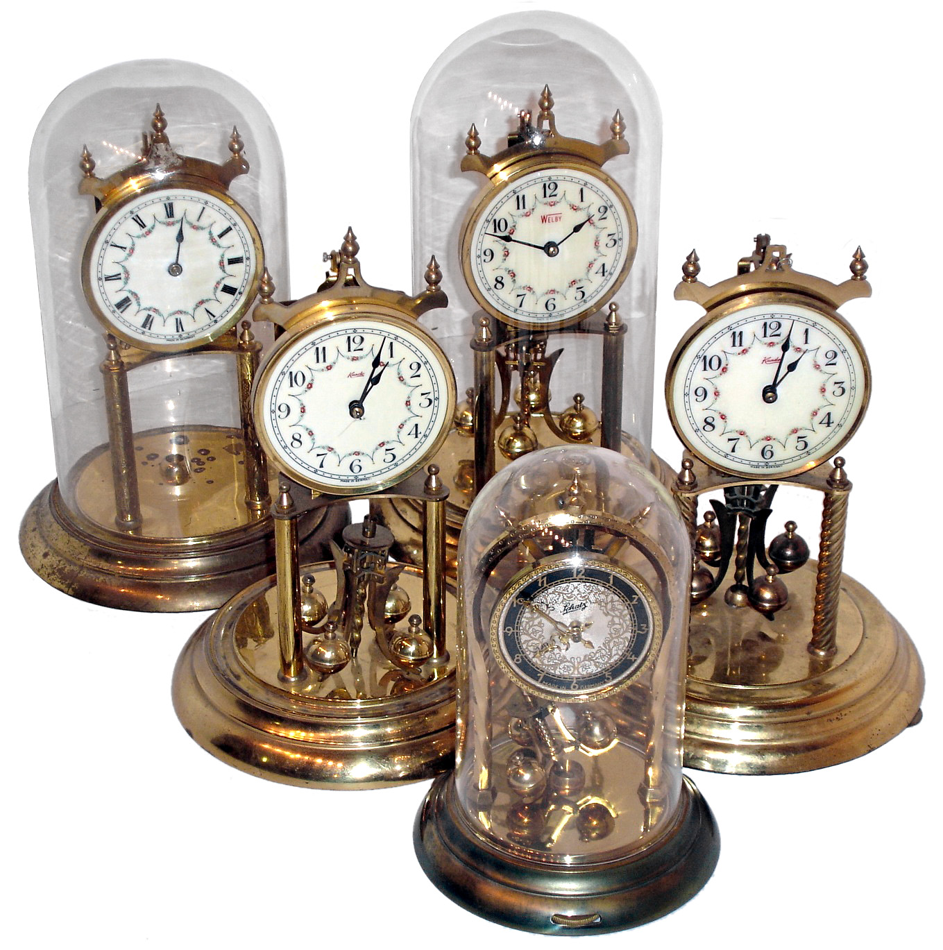 Clocks- 5 (Five) German 400 day anniversary clocks: two are Kundo; one is Kieninger &amp; Obergfell, one is Welby; smallest is Schatz; mid 20th century — Antique Clocks Price Guide