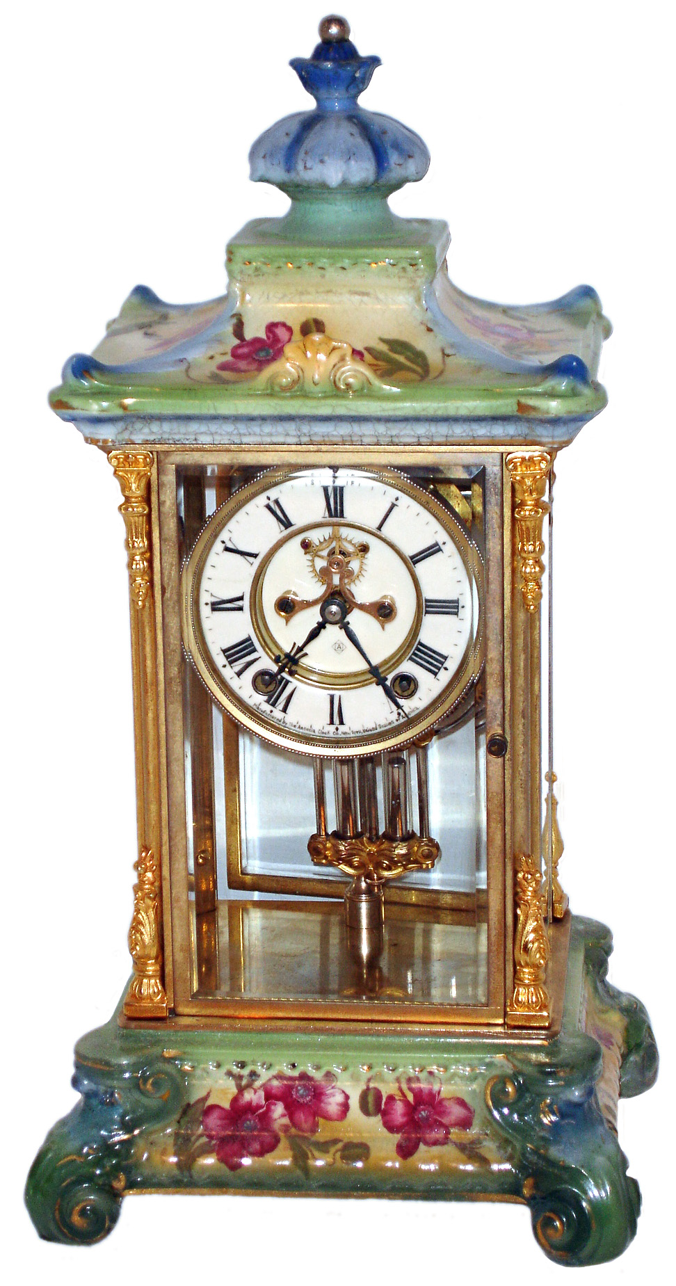 Ansonia Clock Co., Brooklyn, New York, "Crystal Regulator No. 2" porcelain top and base 8 days, time and strike, mantel clock with visible escapement, c1914 — Antique Clocks Price Guide