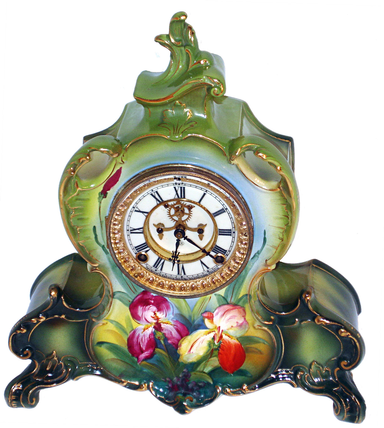 Ansonia Clock Co., New York, NY, "La Vendee" Royal Bonn 8 days, time and strike, porcelain mantel clock with visible escapement, c1904 — Antique Clocks Price Guide
