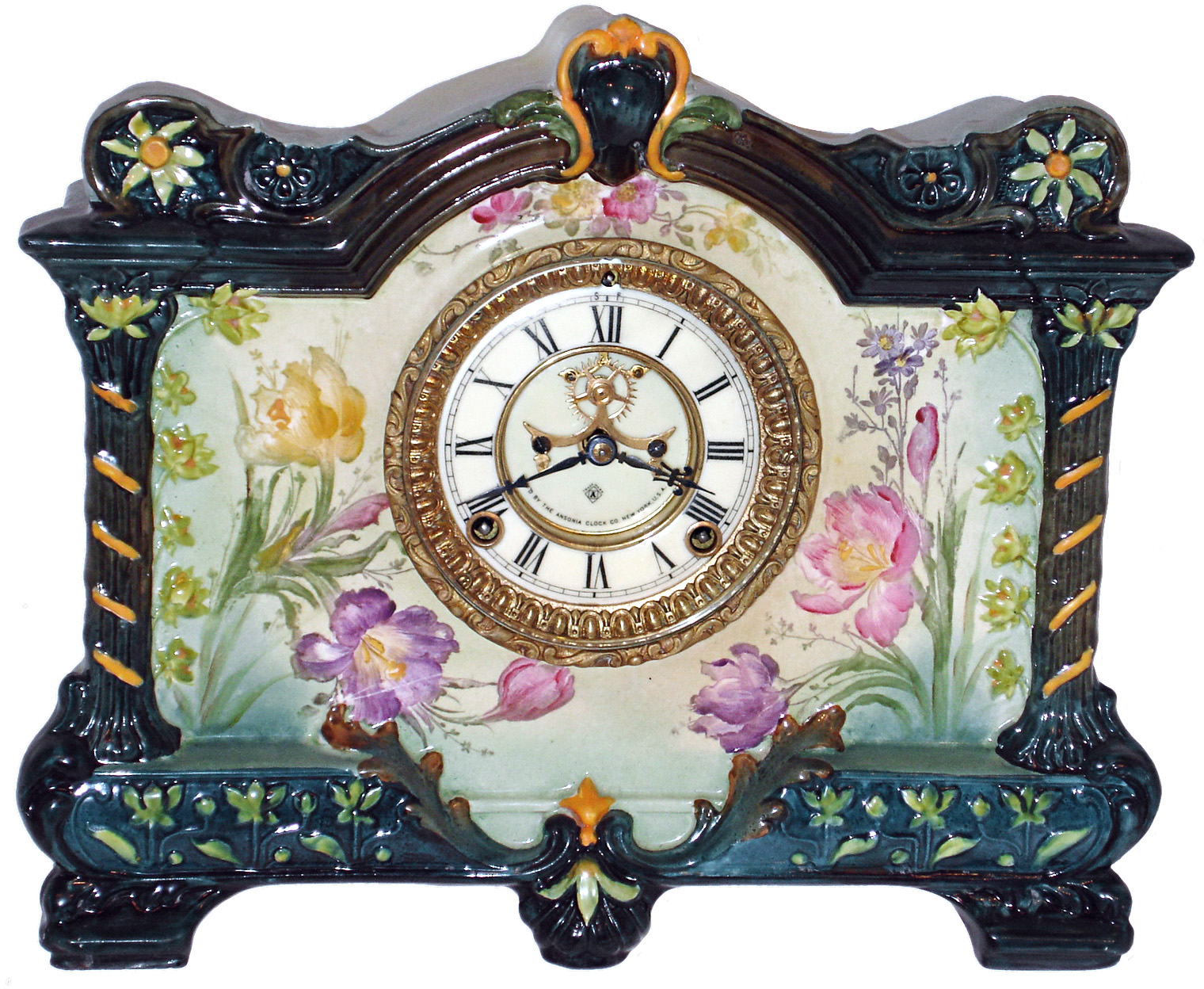 Ansonia Clock Co., Brooklyn, New York, "La Palma" porcelain Royal Bonn shelf clock, 8 days time and strike, spring driven movement with visible escapement, c1914, — Antique Clocks Price Guide