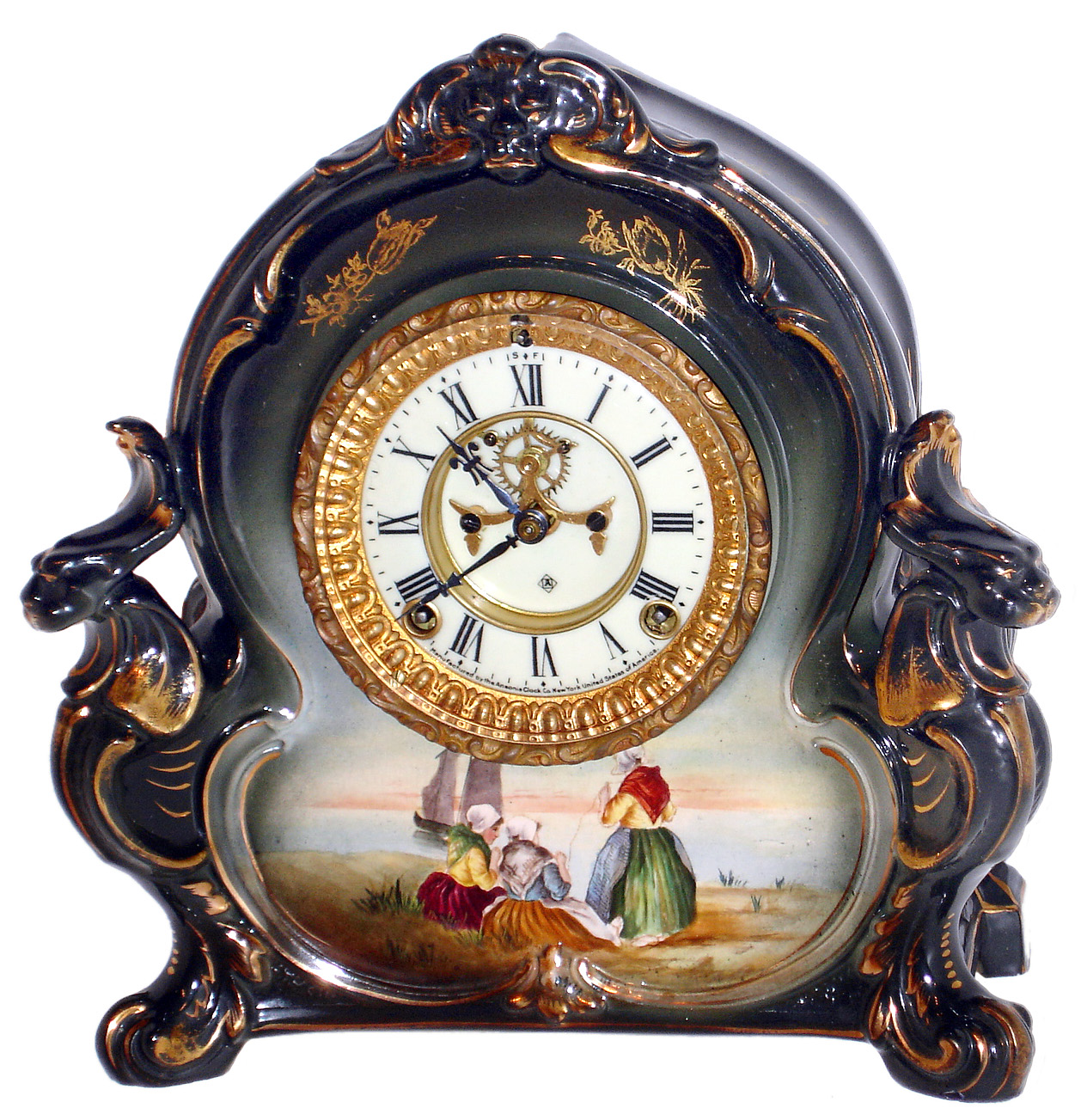 Ansonia Clock Co., Brooklyn, New York, "La Charny" Royal Bonn porcelain shelf clock, 8 days time and strike, spring driven movement with visible escapement, c1904 — Antique Clocks Price Guide