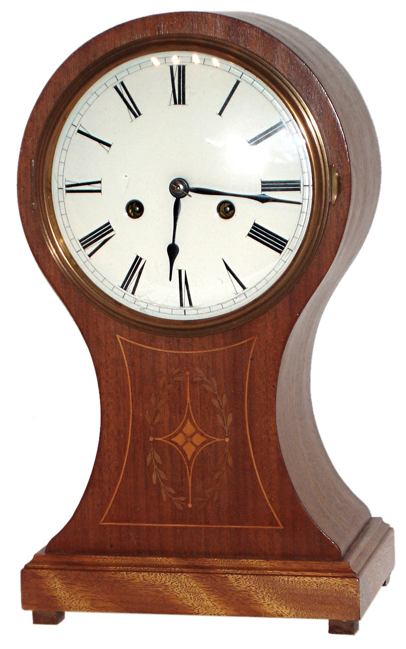 German  balloon-case 8 days, time and strike, inlaid mahogany mantel clock, c1900 — Antique Clocks Price Guide