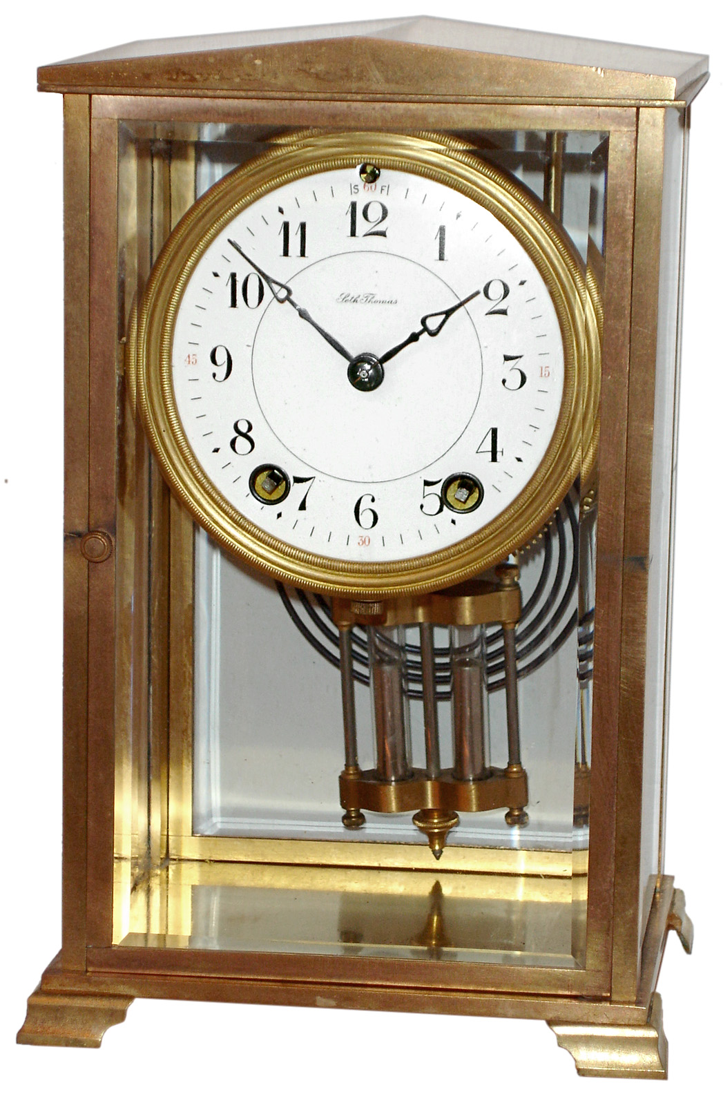 Seth Thomas Clock Co., Thomaston, Conn., "Empire No. 305" brass and beveled glass shelf clock, 8 days time and strike, spring driven movement, c1913, — Antique Clocks Price Guide