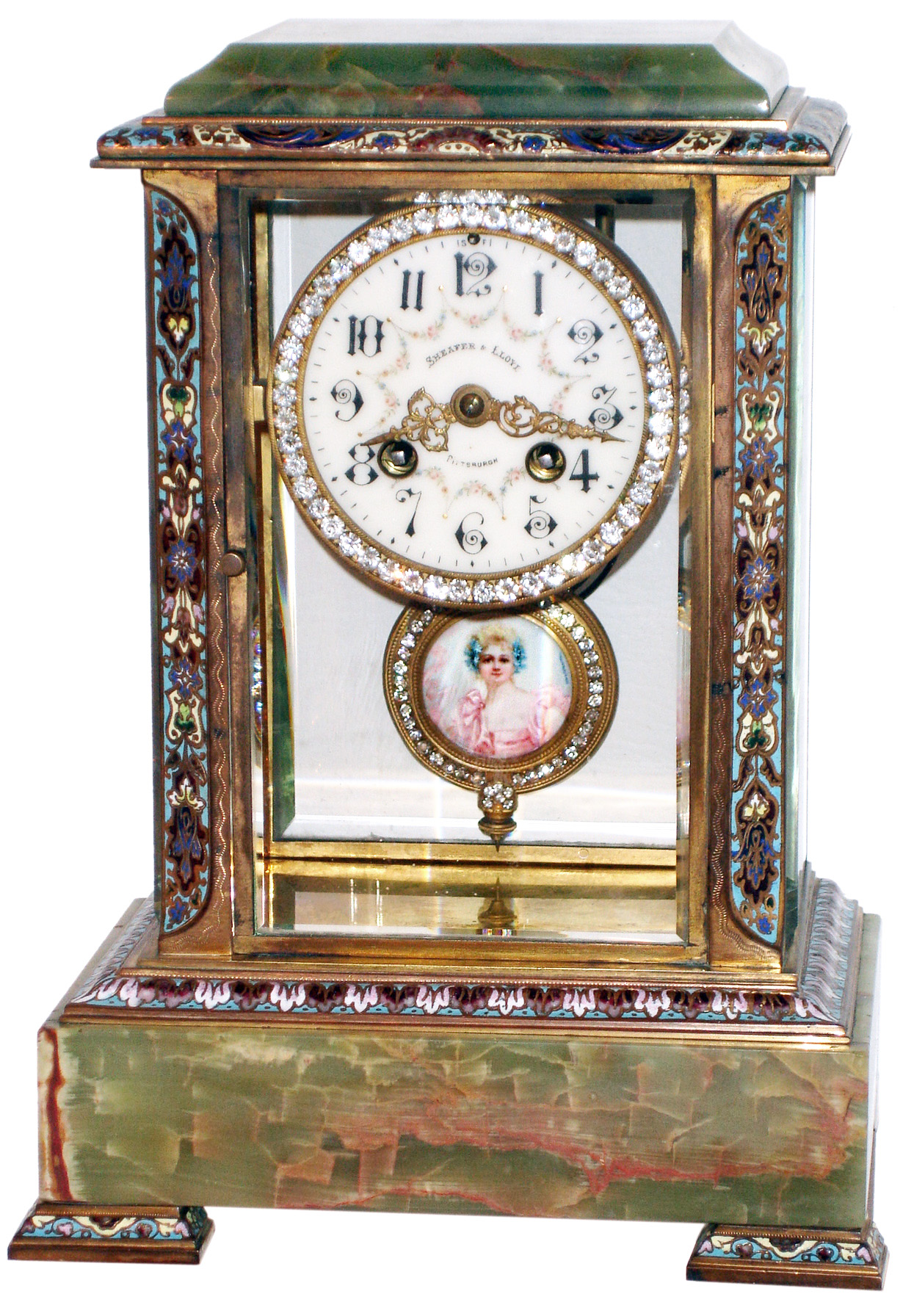 French onyx and cloisonne enamel crystal regulator,  portrait pendulum and multicolor dial with rhinestone surrounds, 8 days, time and strike, c1900 — Antique Clocks Price Guide