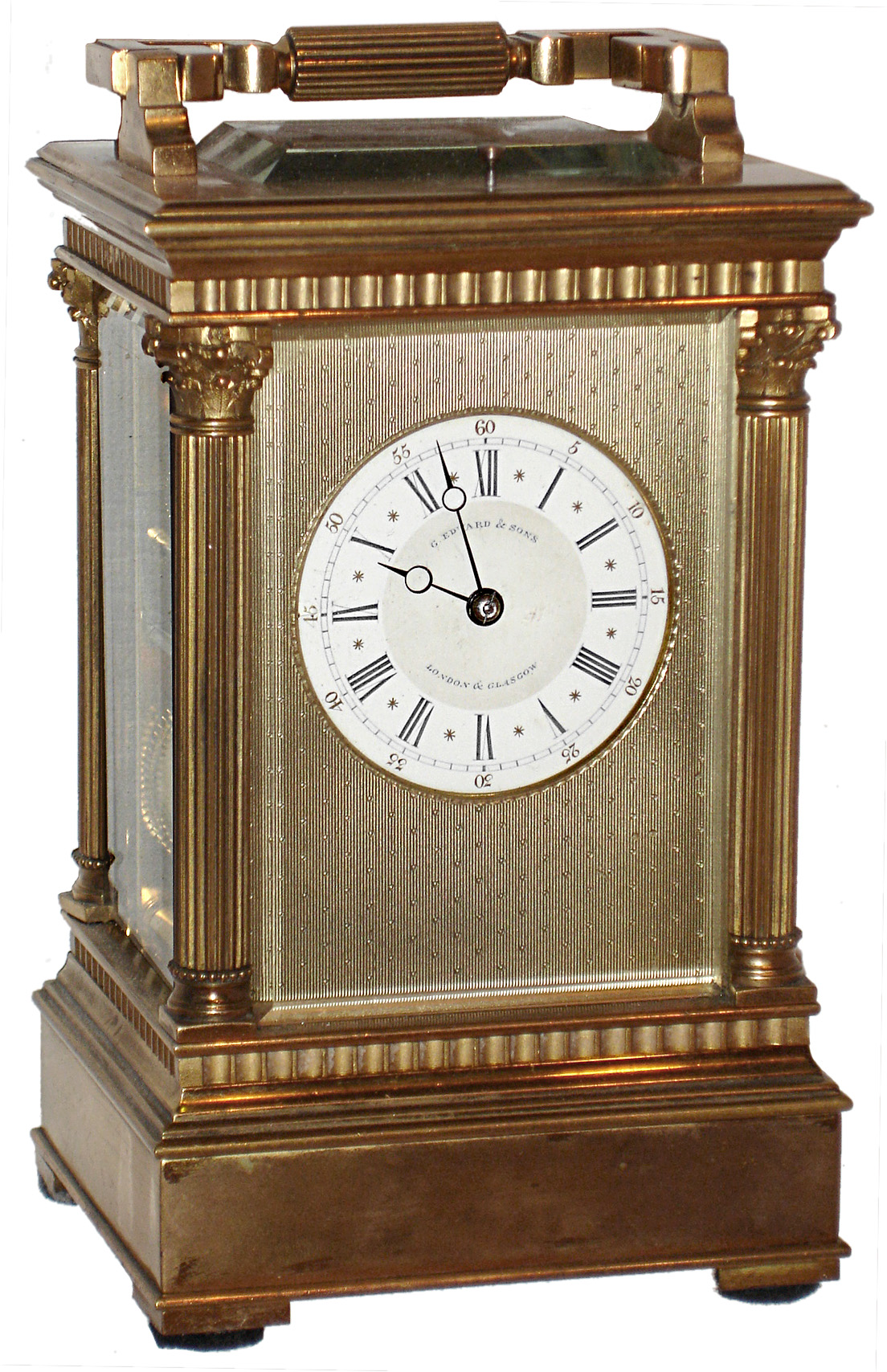 French brass &amp; glass 8 days, time, strike and repeat carriage clock, retailed by G. Edward &amp; Sons, London &amp; Glasgow, c1900 — Antique Clocks Price Guide