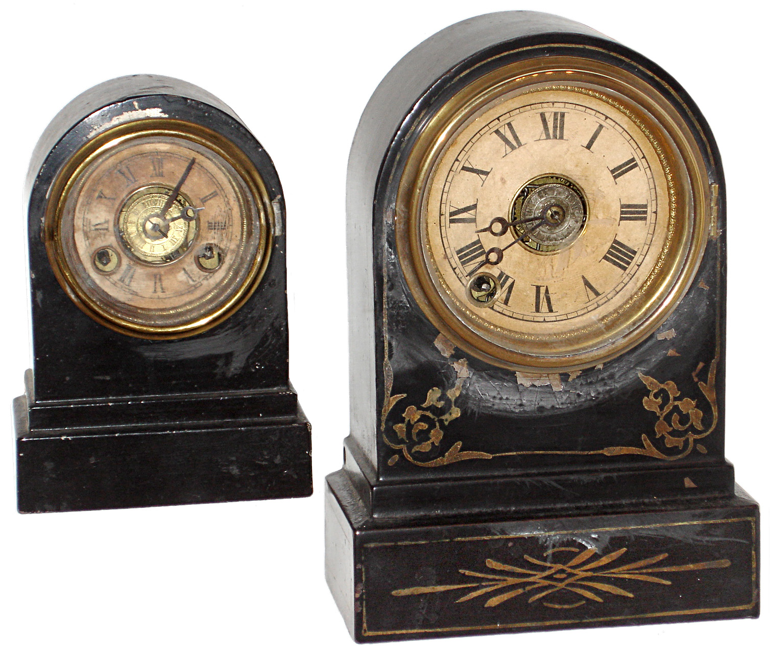 Clocks- 2 (Two) Terry Clock Co. Waterbury, Conn., iron cased time &amp; alarm desk clocks: larger is stenciled c1875 — Antique Clocks Price Guide