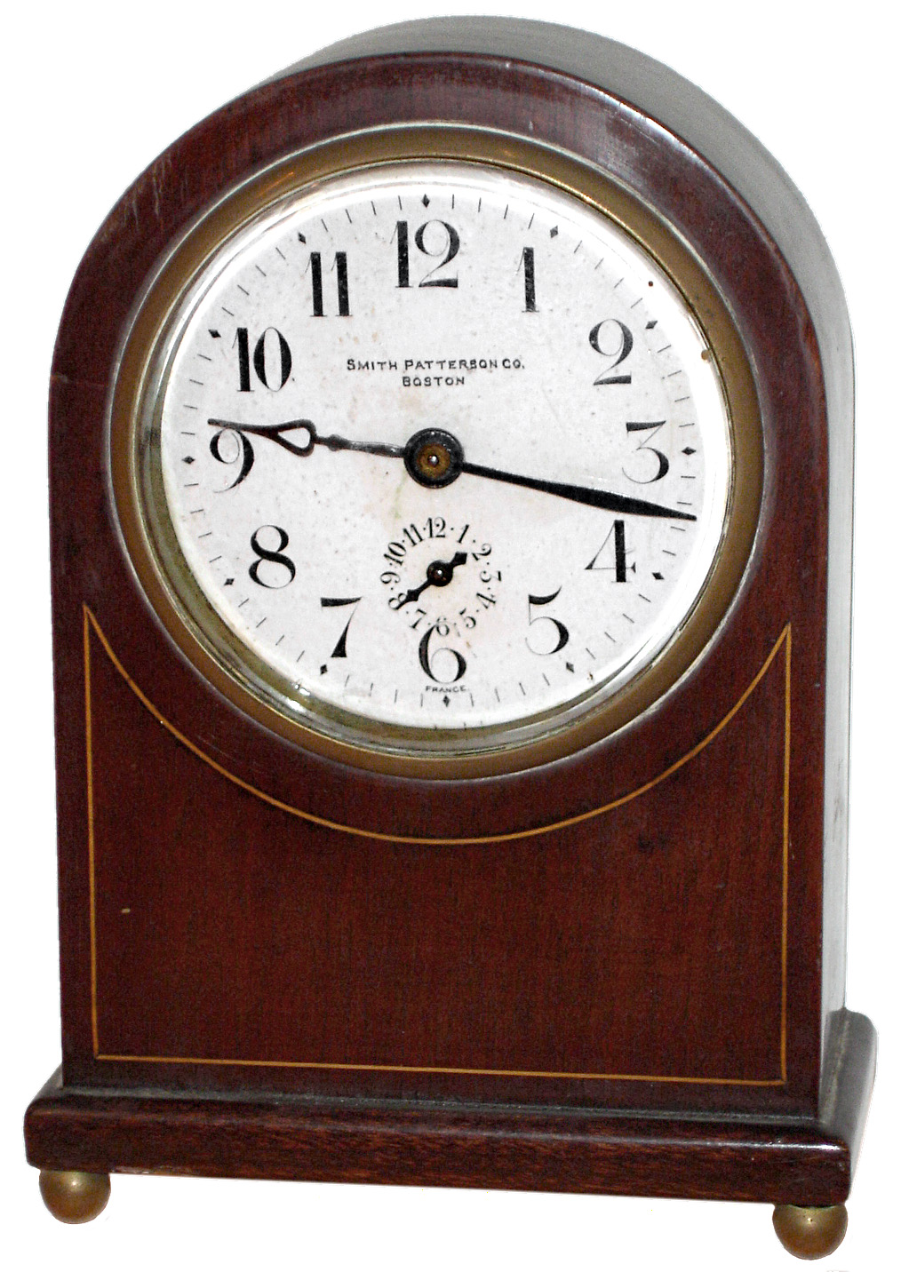 French inlaid mahogany 8 days, desk alarm clock retailed by Smith Patterson Co, Boston, c1910 — Antique Clocks Price Guide