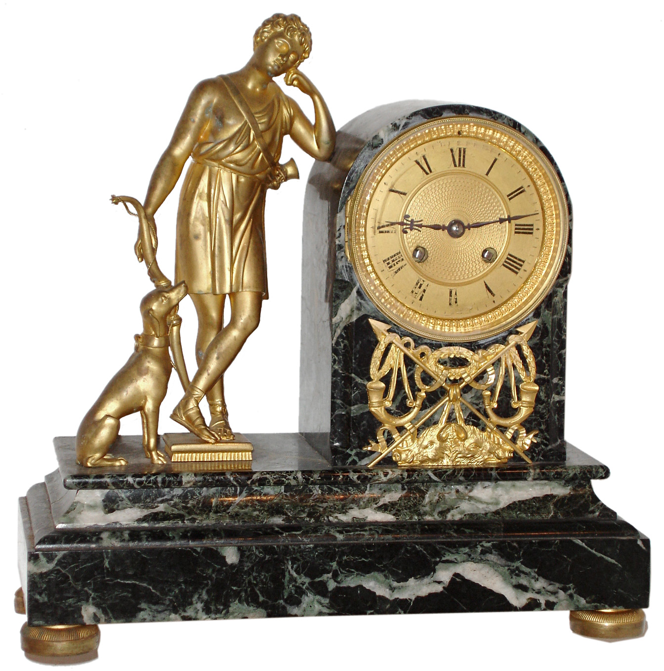 French gilt-bronze and marble figural clock with hunter and dog, Marti Medaille de Bronze 8 days, time and strike, movement, c1890 — Antique Clocks Price Guide