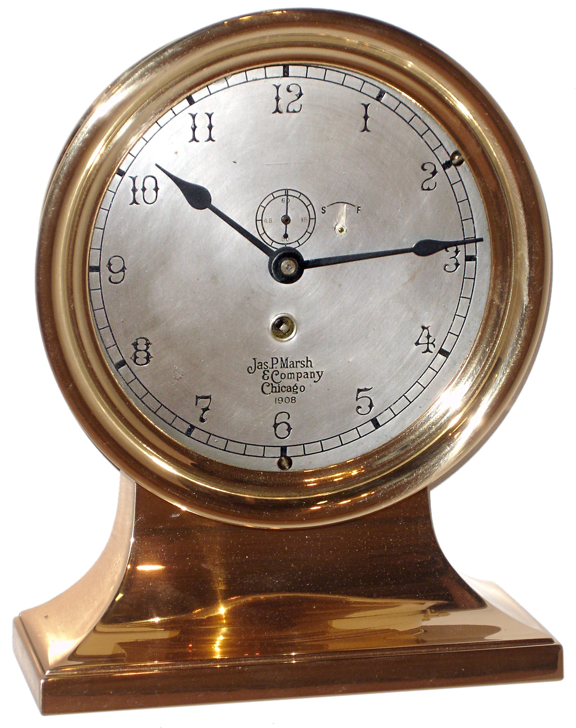 Chelsea Clock Co., Boston, Mass., brass 8 days, time only, engine room clock for Jas. P. Marsh &amp; Company, Chicago, 1908 — Antique Clocks Price Guide