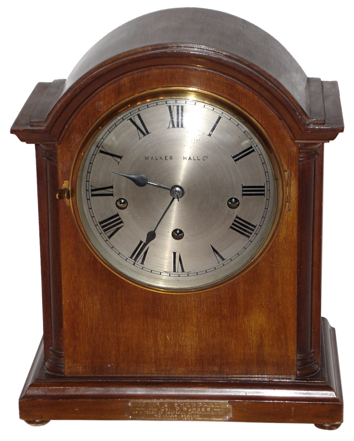 Walker Hall Ltd, mahogany bracket clock, French 8 days, Westminster chime movement, 1929 presentation. — Antique Clocks Price Guide