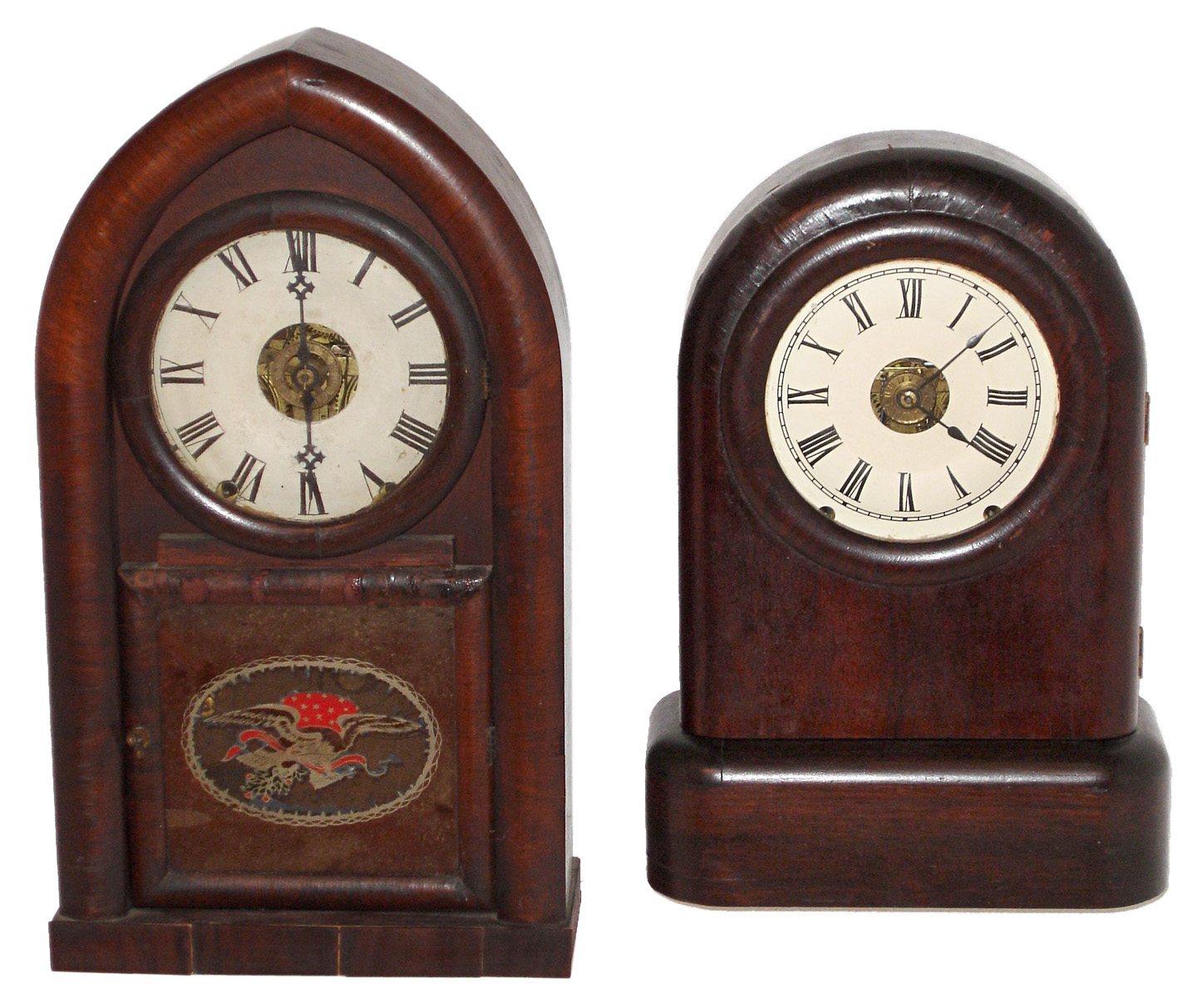 Clocks- 2 (Two) Connecticut mahogany 8 days, time, strike and alarm shelf clocks: Seth Thomas "Tudor No.3"; Daniel Pratt's Sons beehive; late 19th &amp; early 20th centuries. — Antique Clocks Price Guide
