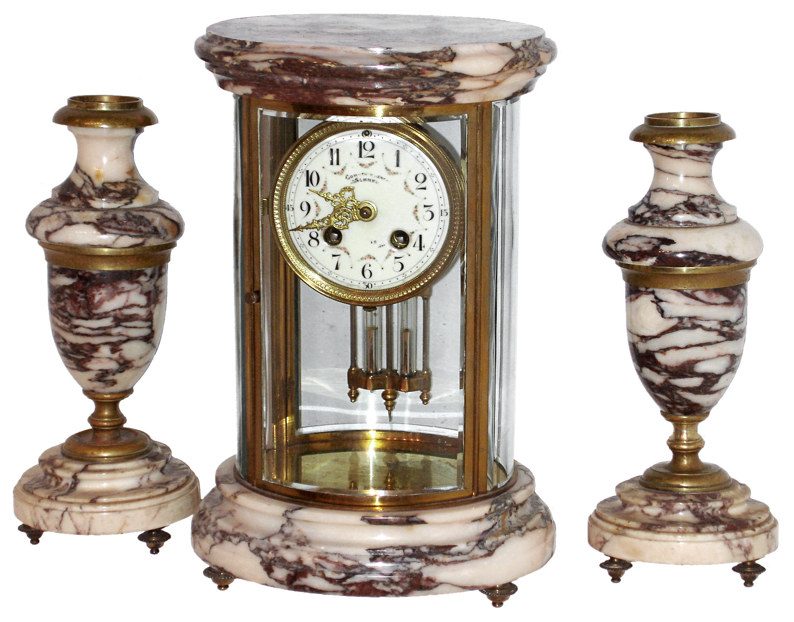 French brass, glass and marble 8 days, time and strike, oval crystal regulator garniture set, c1900 — Antique Clocks Price Guide