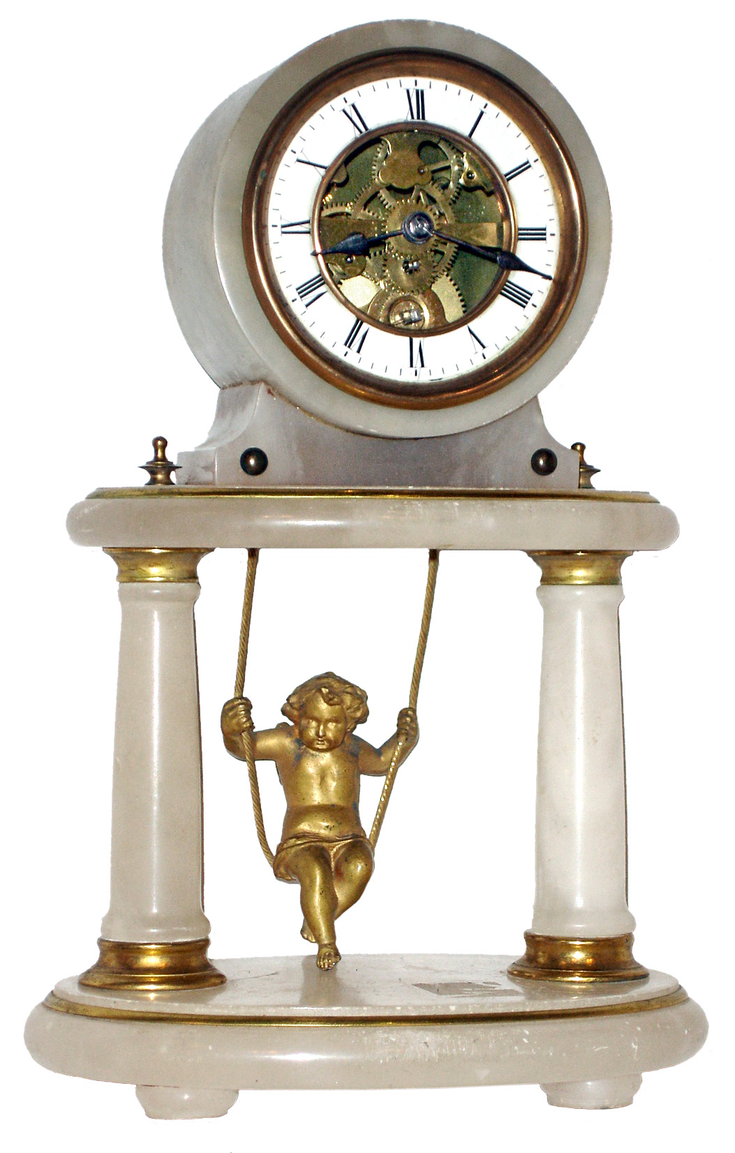 Farcot French swinging doll 8 days, timepiece in an alabaster case with ormolu accents, the doll swings front to rear driven by two escape wheels and chaff cutter escapement, c1890 — Antique Clocks Price Guide