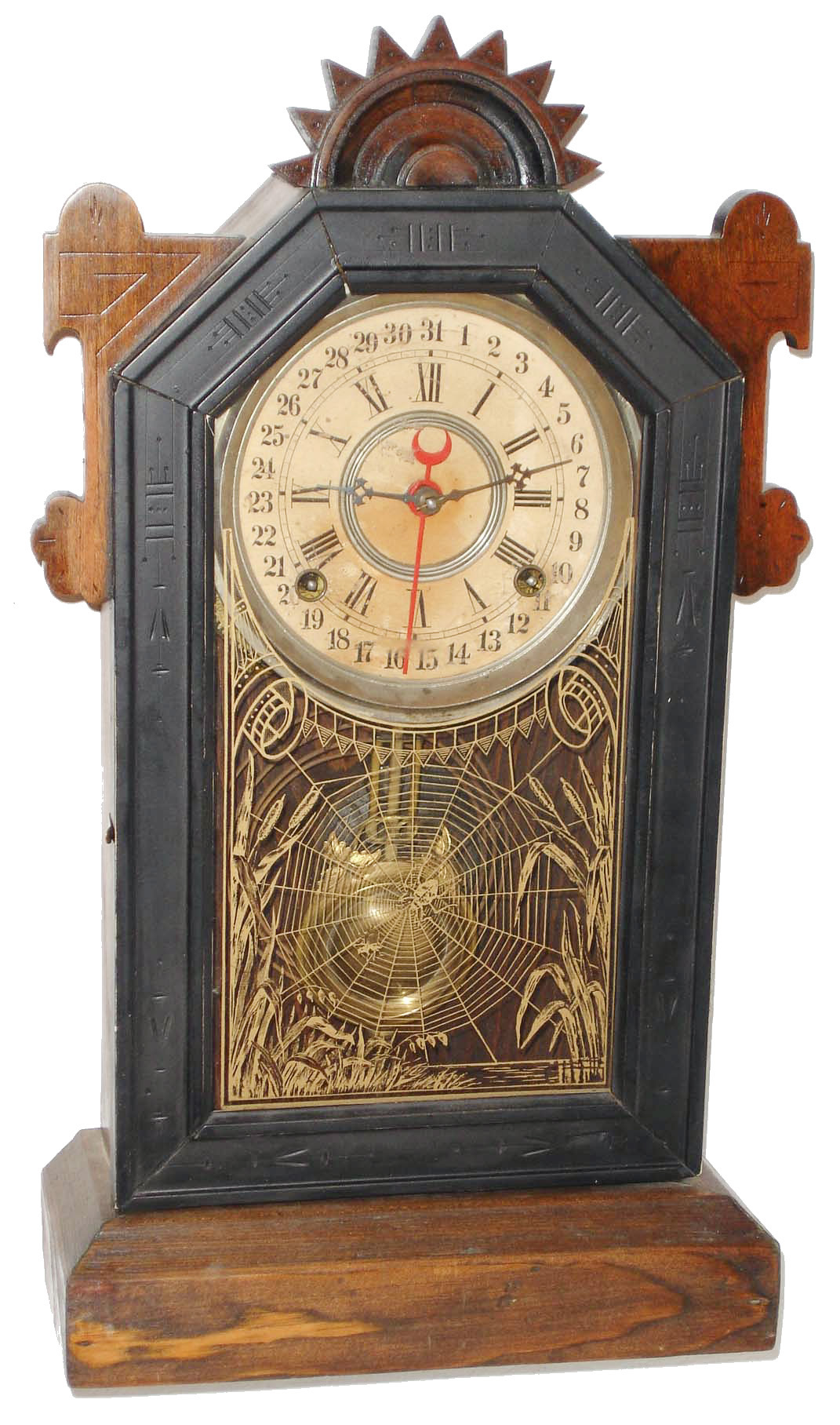 Gilbert Clock Co., Winsted, Conn., "Jet" 8 days, time, strike &amp; calendar ebonized shelf clock, c1885 — Antique Clocks Price Guide