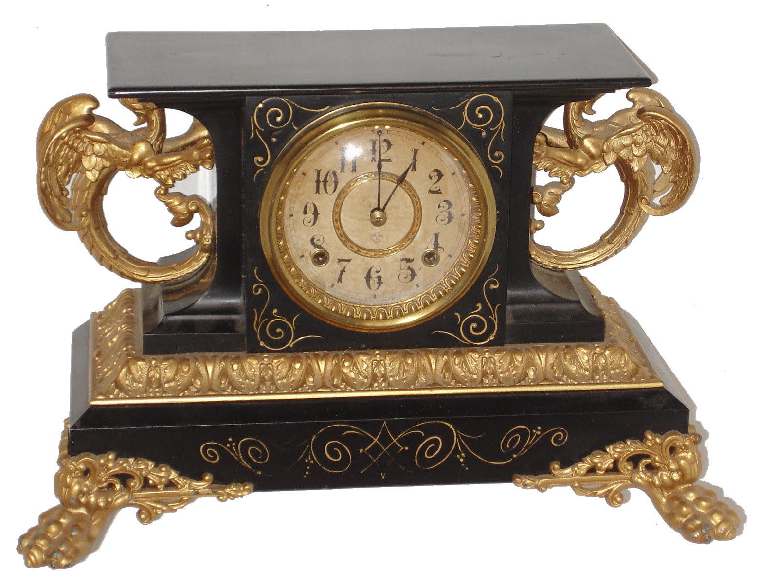 Ansonia Clock Co., Brooklyn, New York, "Belgium" enameled iron 8 days, time and strike, mantel clock, c1904 — Antique Clocks Price Guide