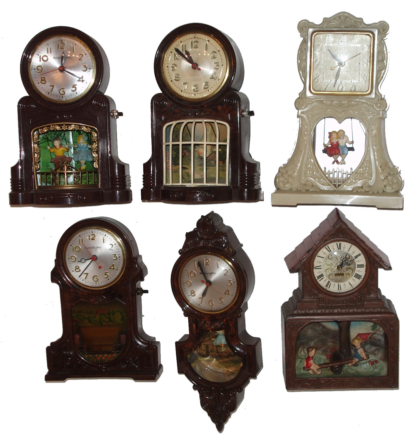 Clocks- 9 (Nine) electric novelty and mystery plug-ins: Mastercrafters, United, Haddon, Jefferson, mid 20th century — Antique Clocks Price Guide