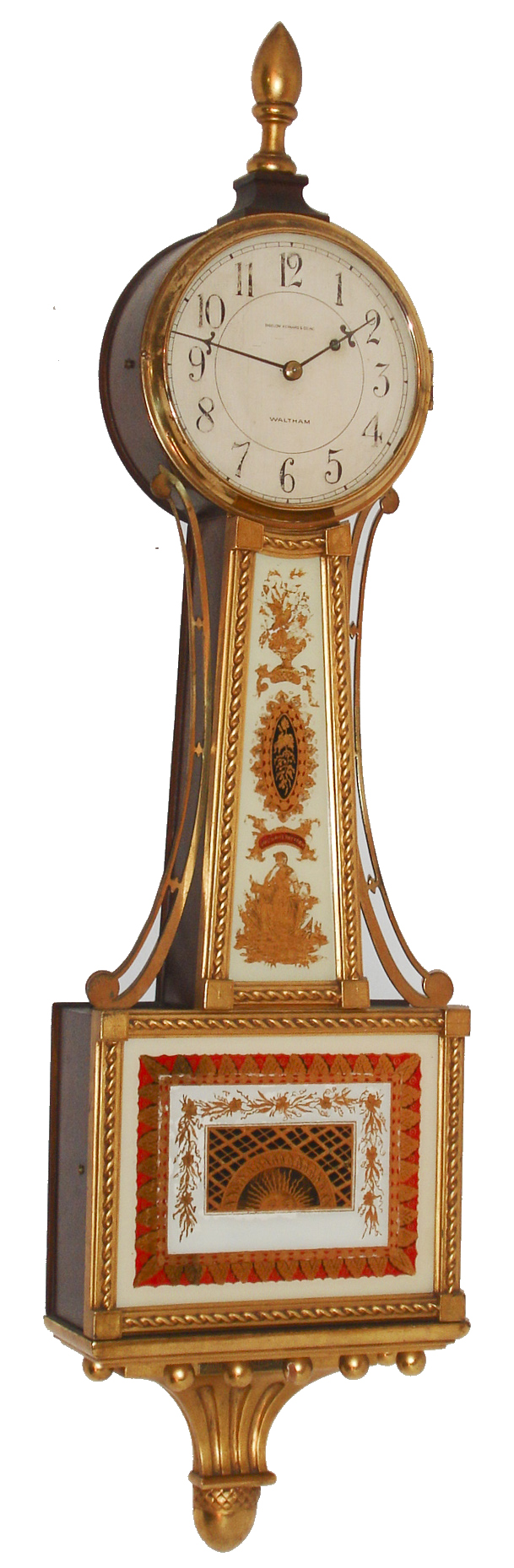 Waltham Watch Co, Waltham, Mass., 8 day, gilt weight driven banjo timepiece retailed by Bigelow Kennard &amp; Co, c1930 — Antique Clocks Price Guide