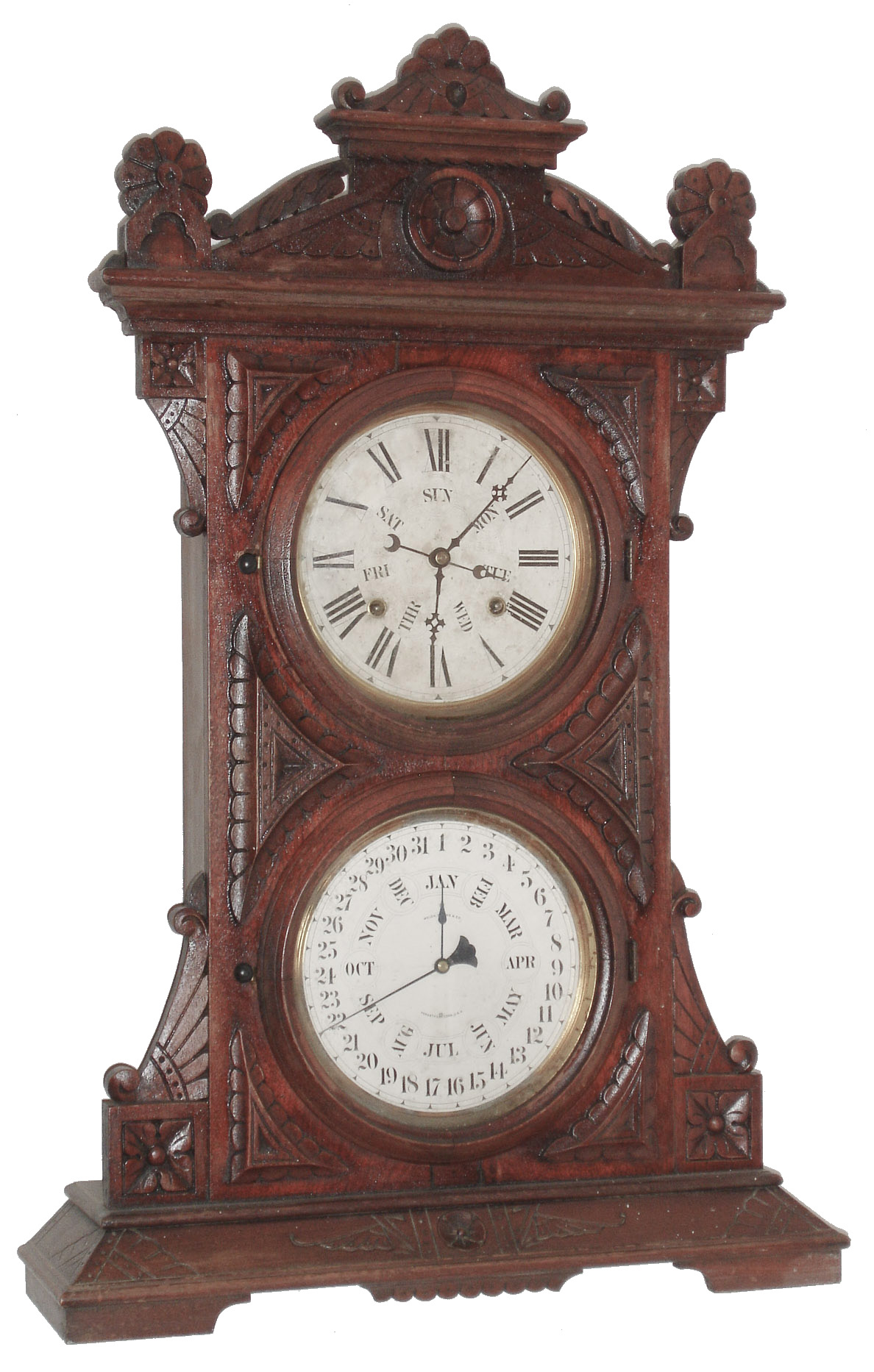 Welch, Spring &amp; Co, Forestville, Conn., "Audran B.W.", 8 day, time and strike, B.B. Lewis double dial calendar clock, c1872 — Antique Clocks Price Guide