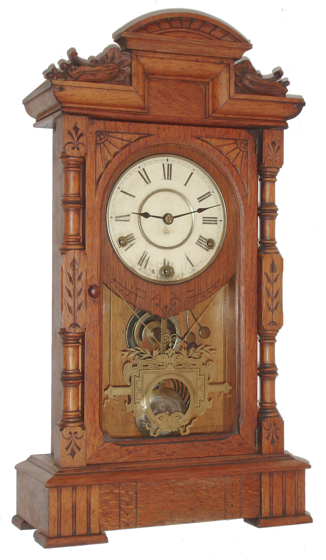 Seth Thomas Clock Co., Thomaston, Conn., "Hecla", 8 days, time and quarter hour strike on two bells oak case shelf clock, c1888 — Antique Clocks Price Guide